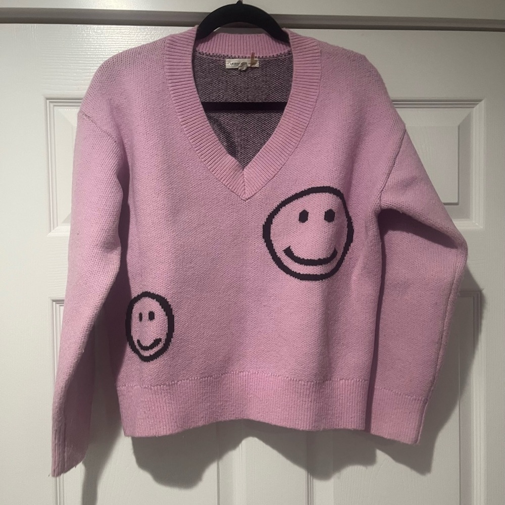 Lavender V-Neck Sweater with Smiley Design